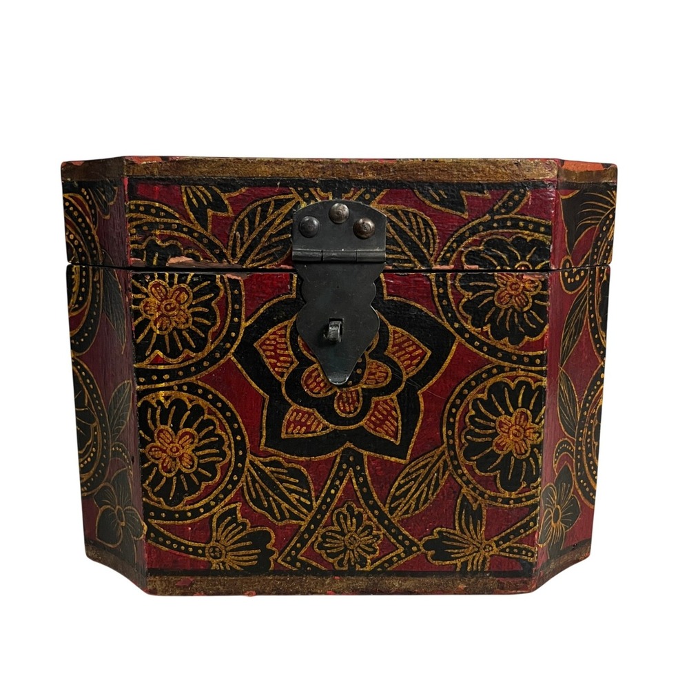 Vintage Hand Painted Wooden Octagonal Jewelry Box Red Black Gold Floral Folk Art